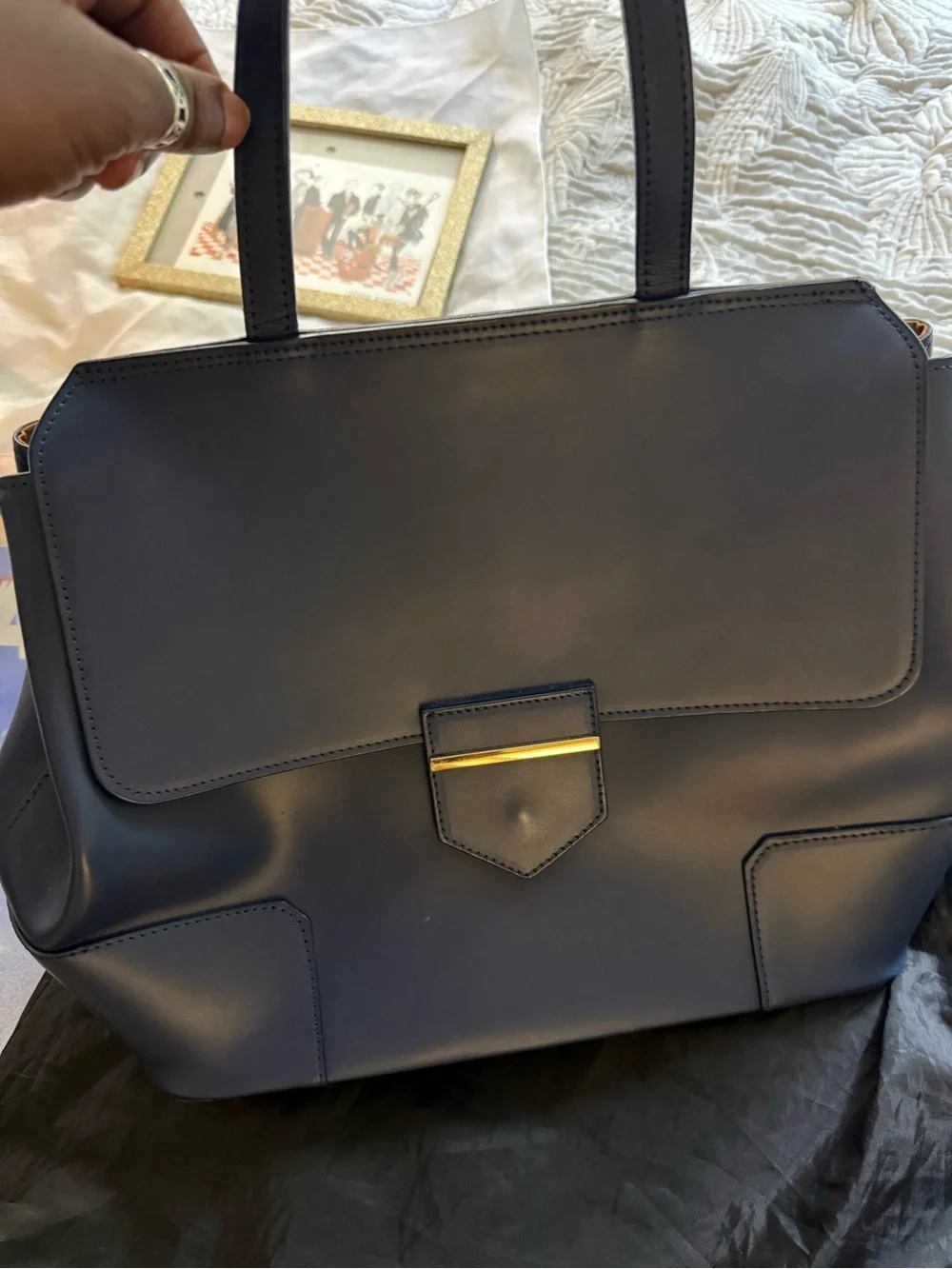 Tano Navy Blue Structured Satchel with Gold Accent